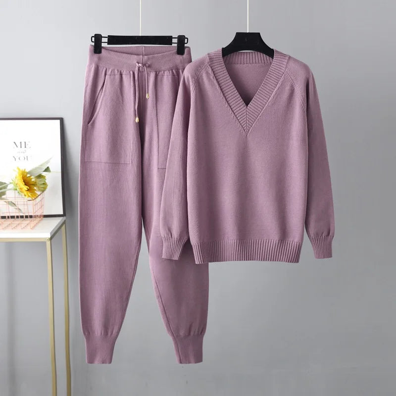 Sofie - Pulover confortabil cu decolteu în V și pantaloni eleganți cu buzunare