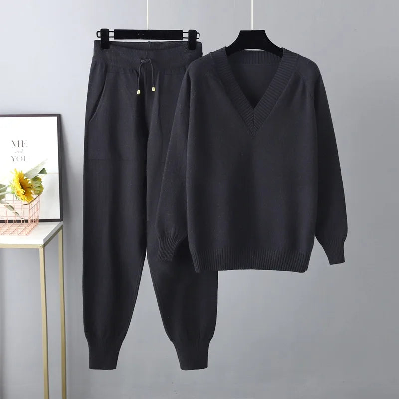 Sofie - Pulover confortabil cu decolteu în V și pantaloni eleganți cu buzunare