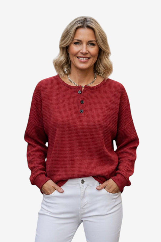 Maglione a maglia waffle - Maglione a maglia waffle con chiusura a bottoni e dettaglio del colletto