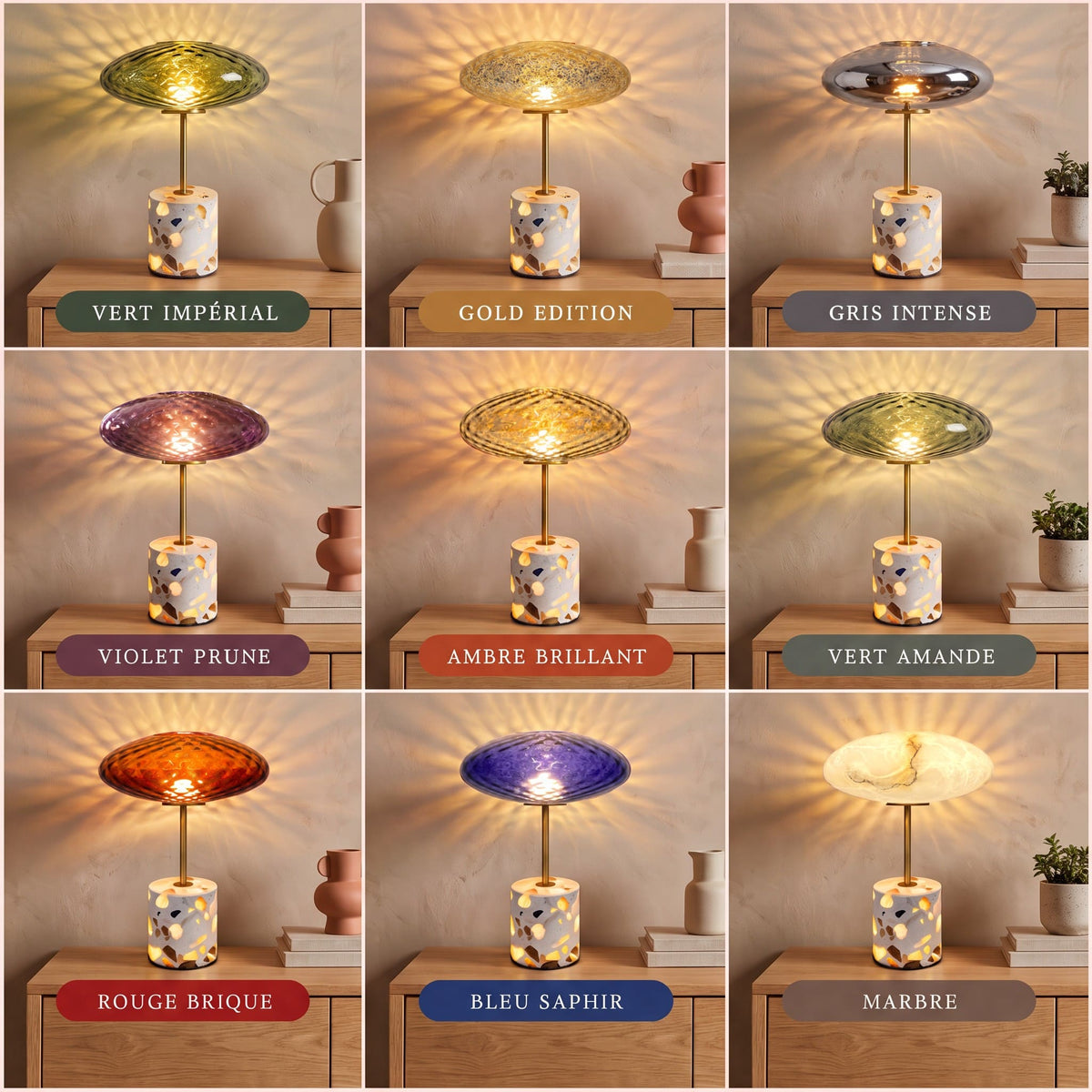 GlassGlow - Wireless Table Lamp With Glass Shade And Stone Base