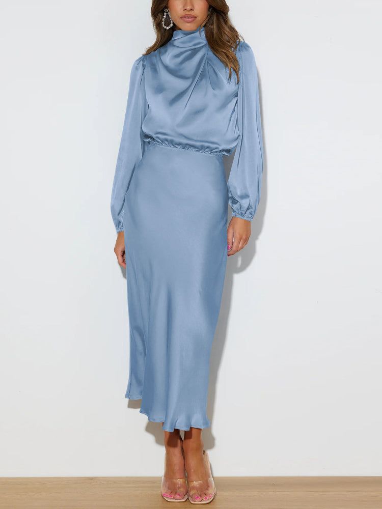 Celeste - Robe satinée de luxe à manches longues et taille ajustable