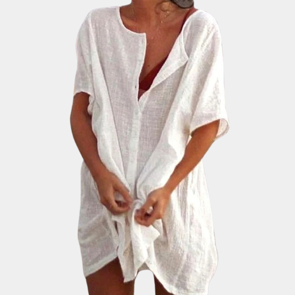 Sophia – Casual Dress with Buttons, Short Sleeves, and Relaxed Fit