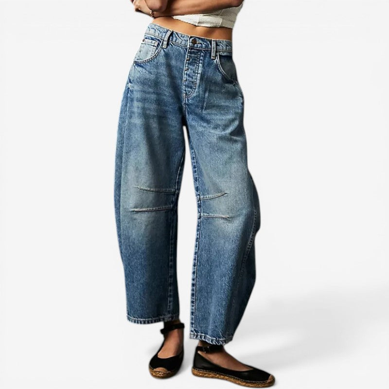 Pantaloni in denim a gamba larga alla caviglia con chiusura a zip