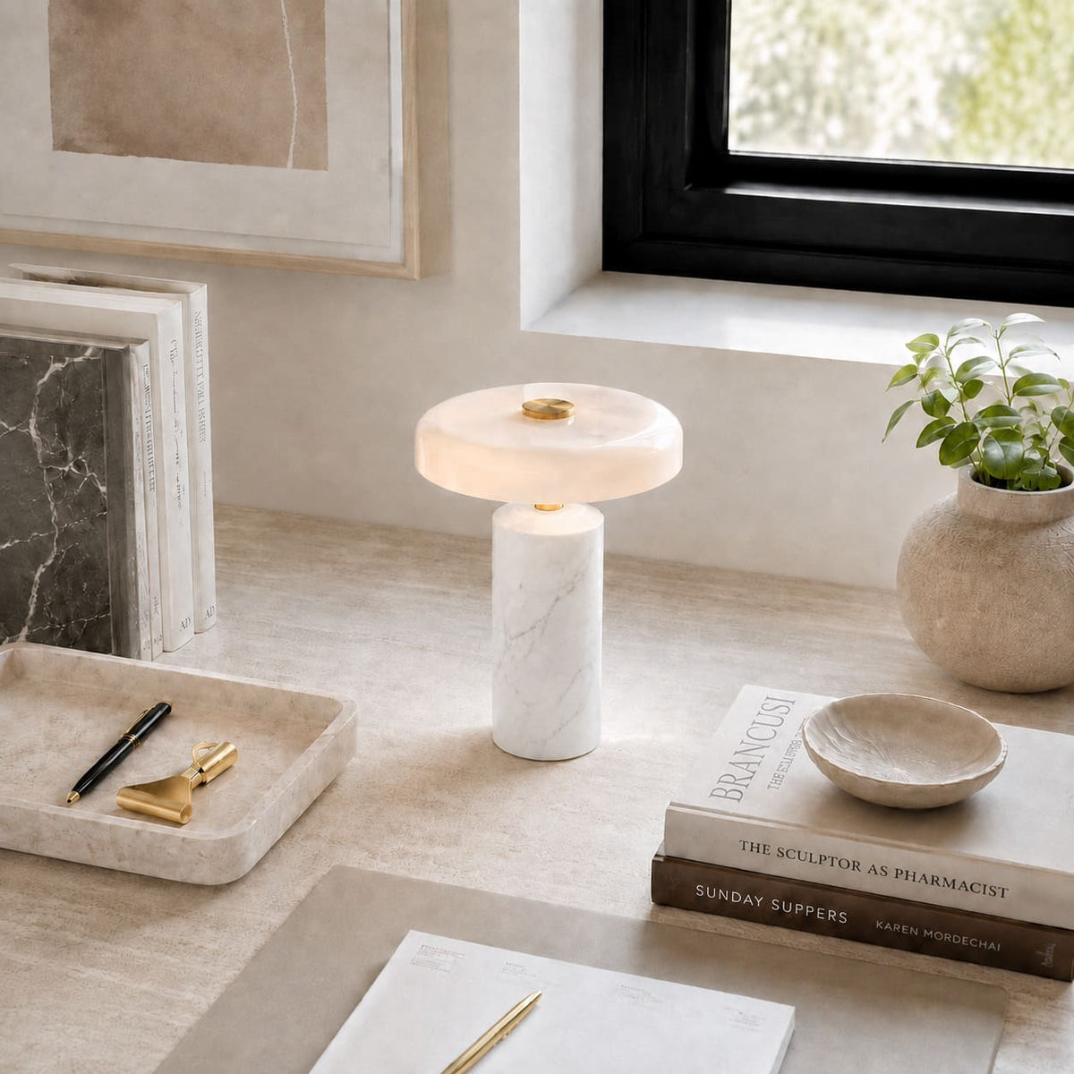 MarbleGlow - Led Table Lamp With Natural Marble Base And Opal Glass Diffuser