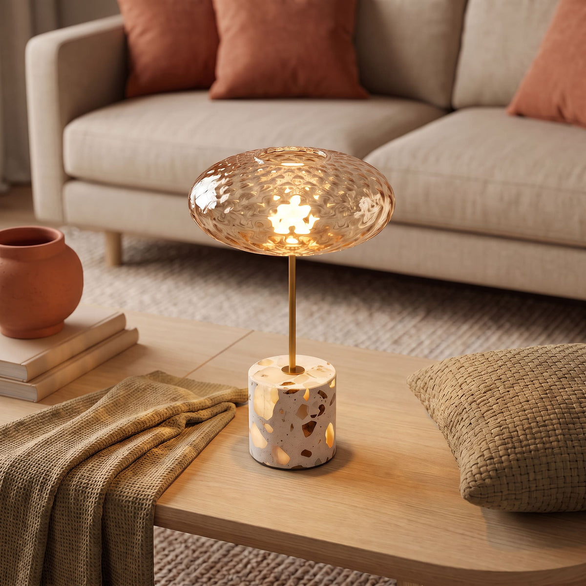GlassGlow - Wireless Table Lamp With Glass Shade And Stone Base