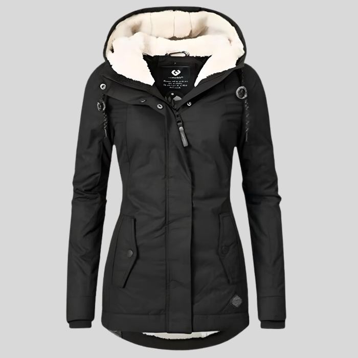 Teresa - Long waterproof coat with hood and front zipper