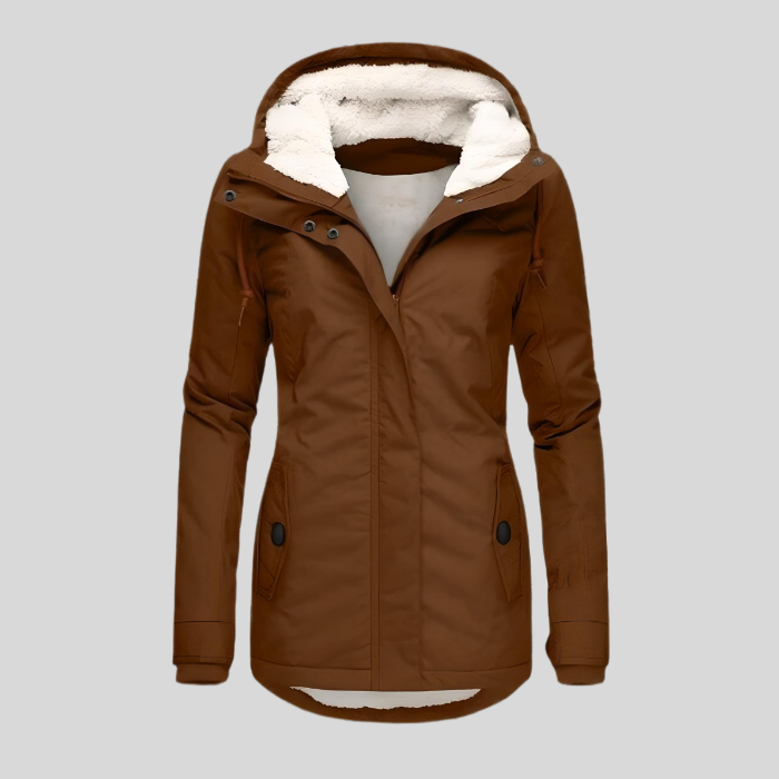 Teresa - Long waterproof coat with hood and front zipper