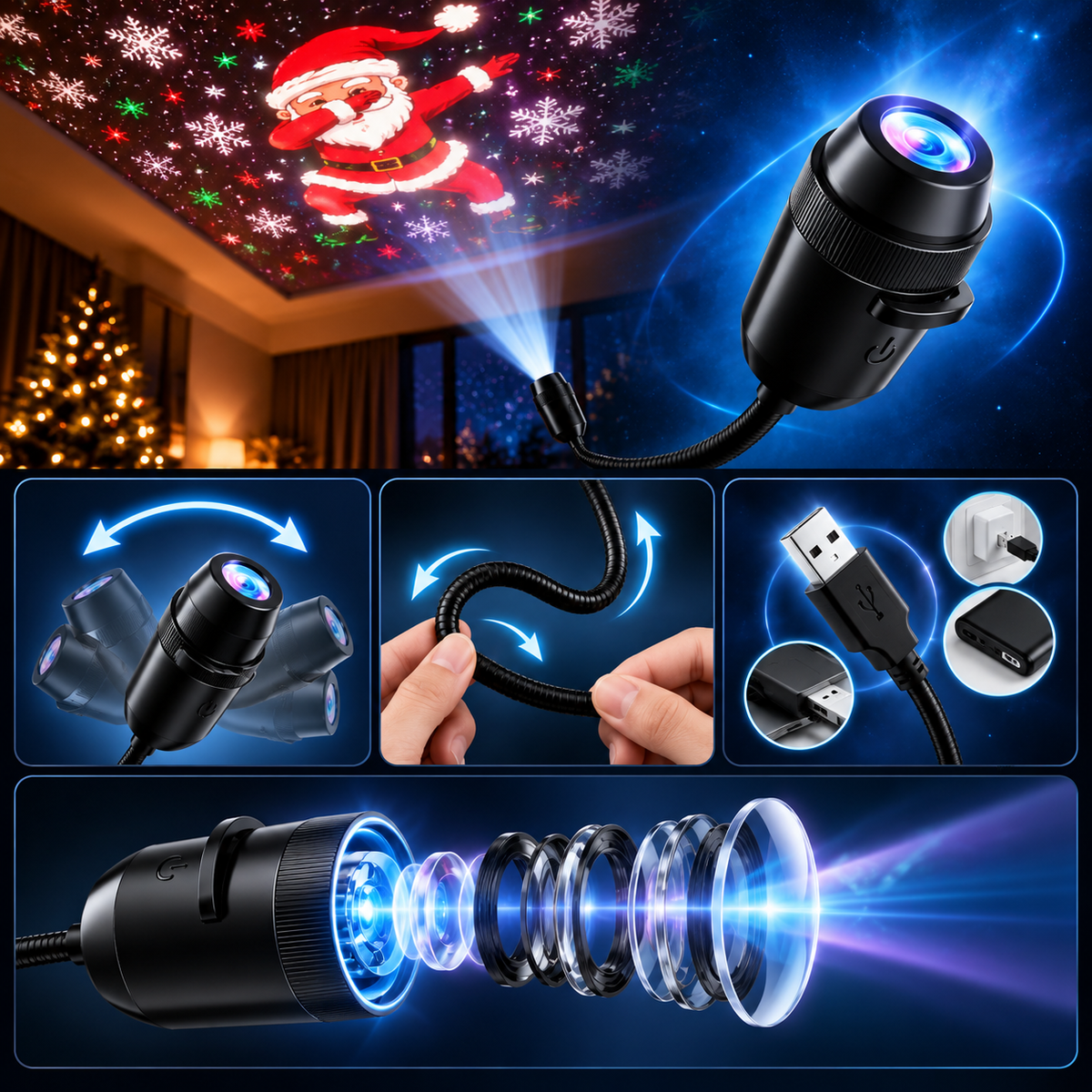 Lámpara proyectora navideña LED USB FestiveBeam con diseños festivos