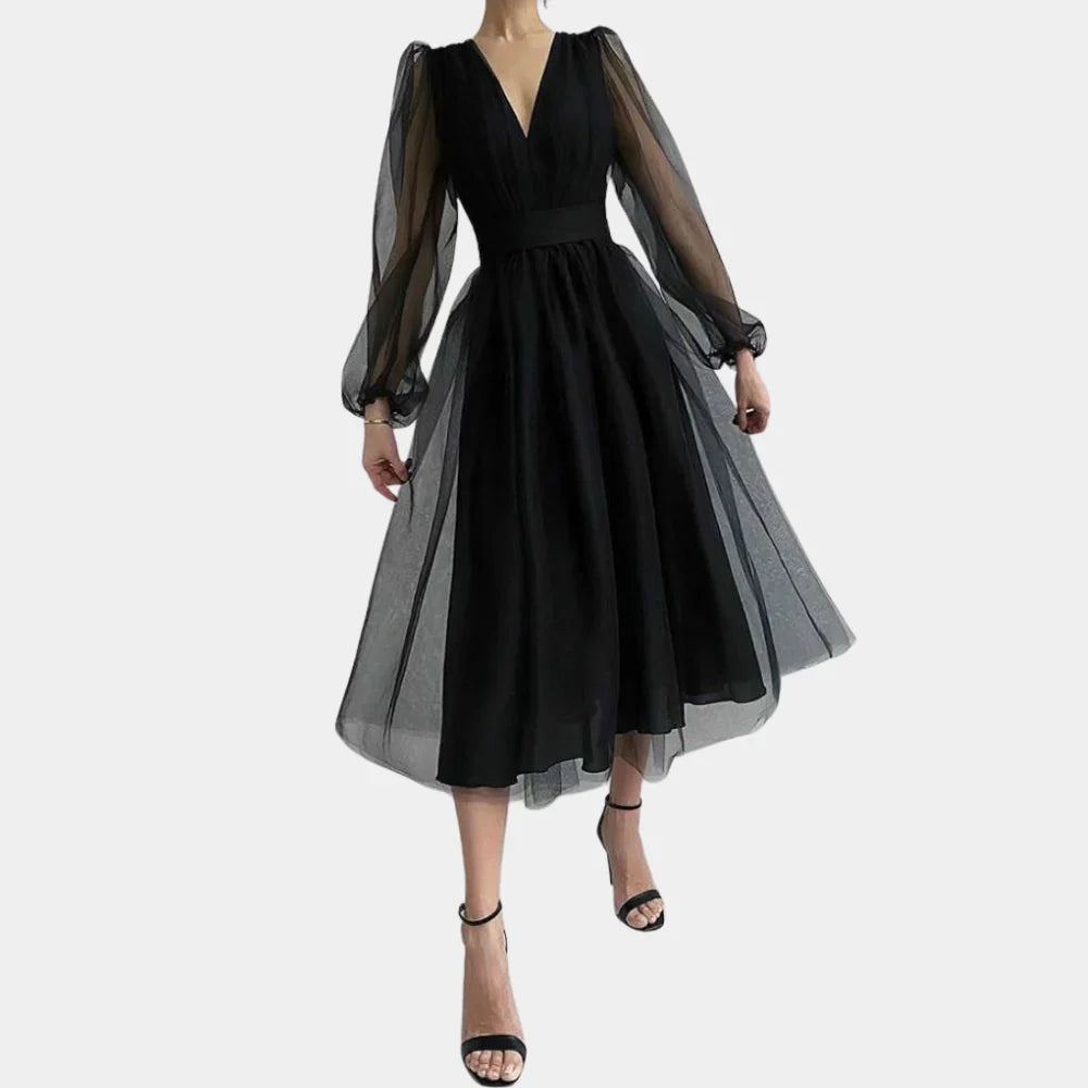 Noa - Elegantné midi šaty s výstrihom do V a lampášovými rukávmi