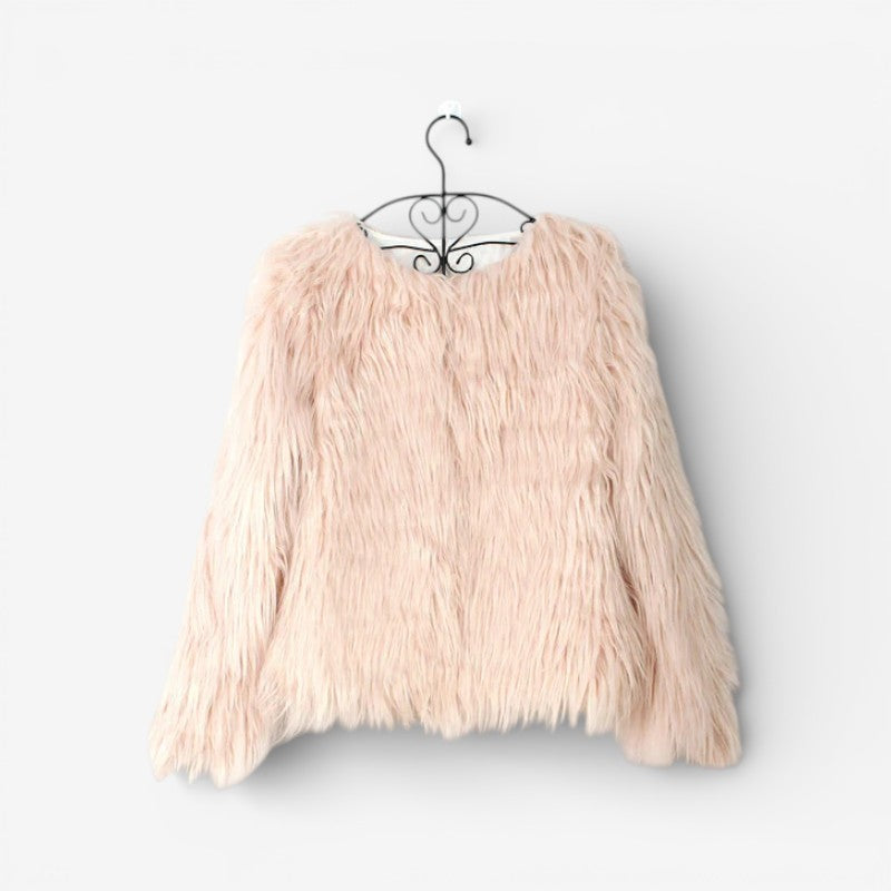 Aveline – Long Sleeve Faux Fur Jacket with Round Neck