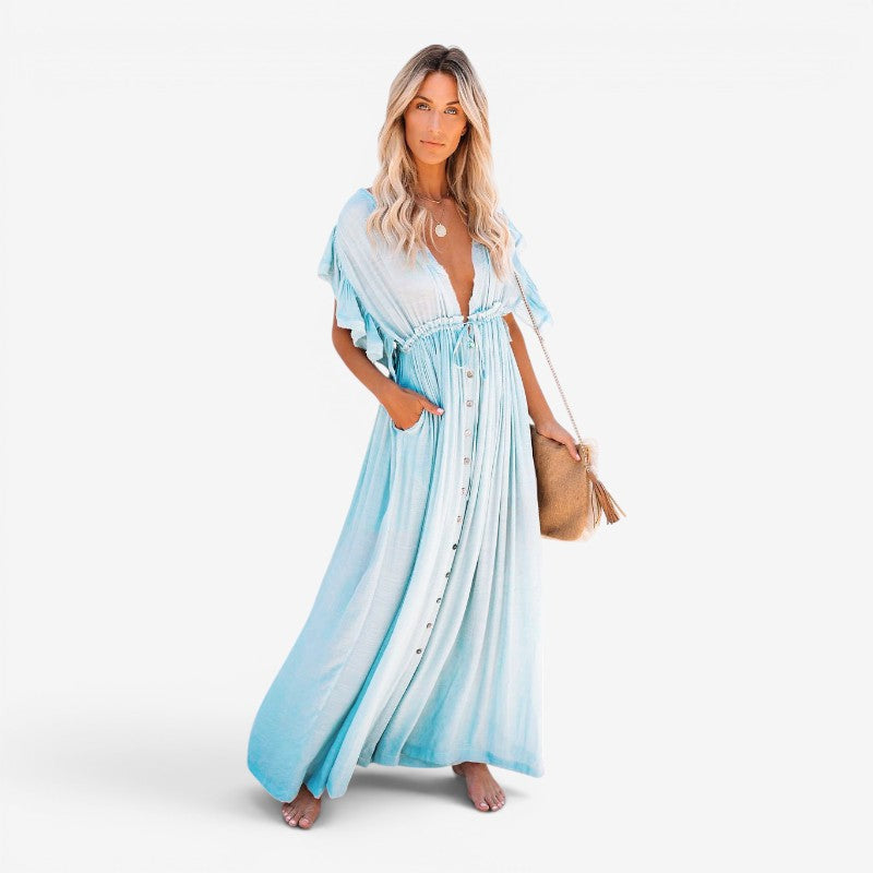 Women’s V-Neck Button-Front Maxi Dress