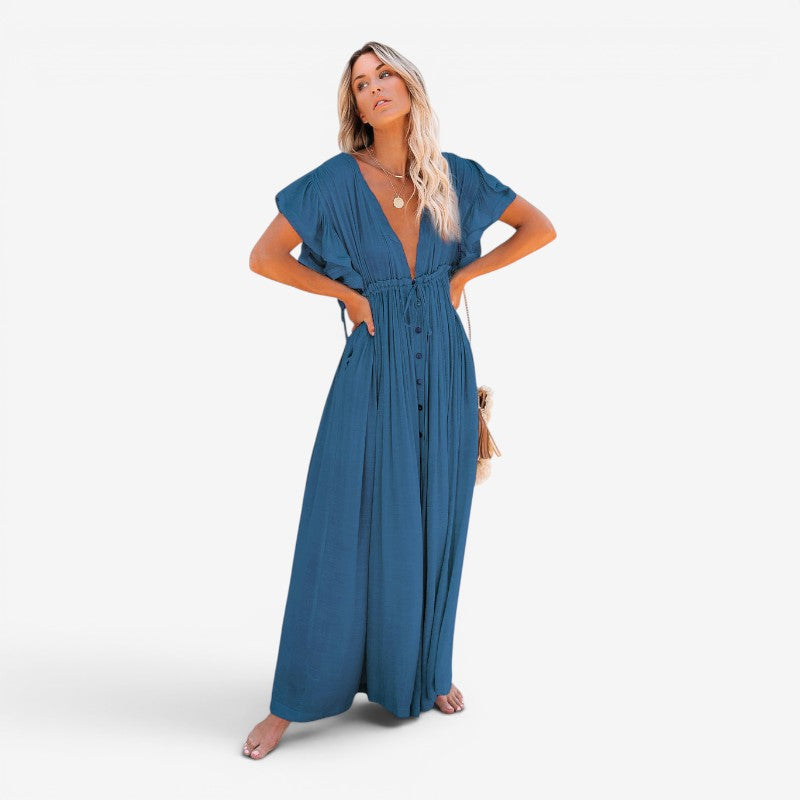 Women’s V-Neck Button-Front Maxi Dress