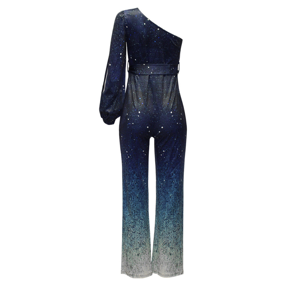 Wanda - Salopetă disco glam cu un umăr gol și pantaloni evazați