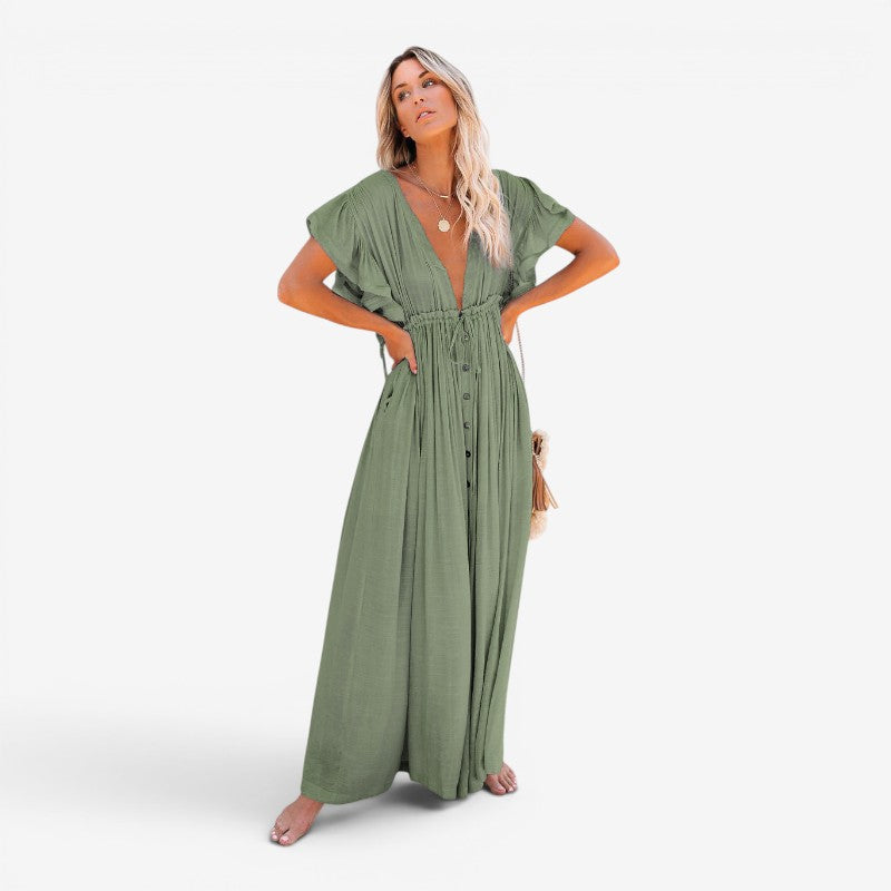 Women’s V-Neck Button-Front Maxi Dress