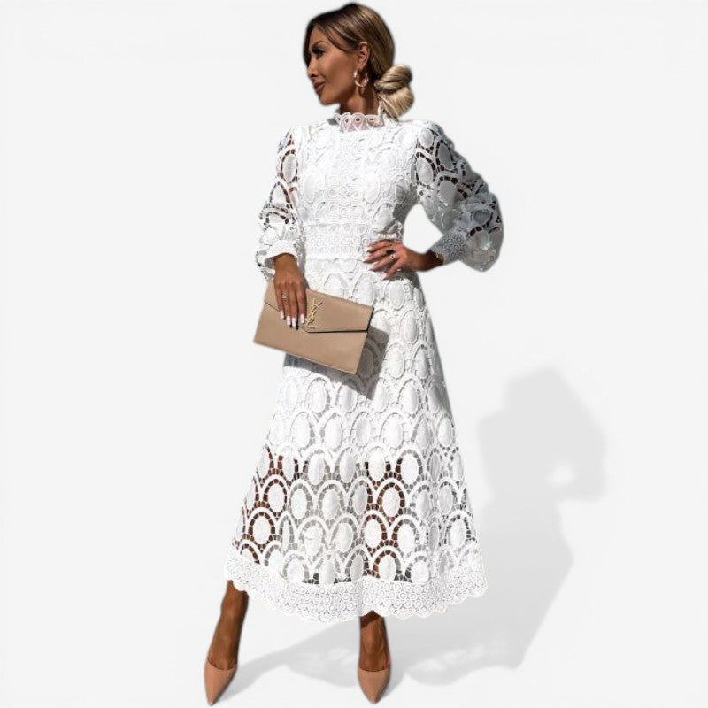 Women’s Long-Sleeve Dress with Intricate Openwork Lace Design