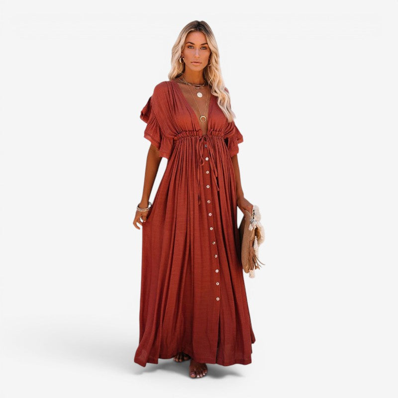 Women’s V-Neck Button-Front Maxi Dress