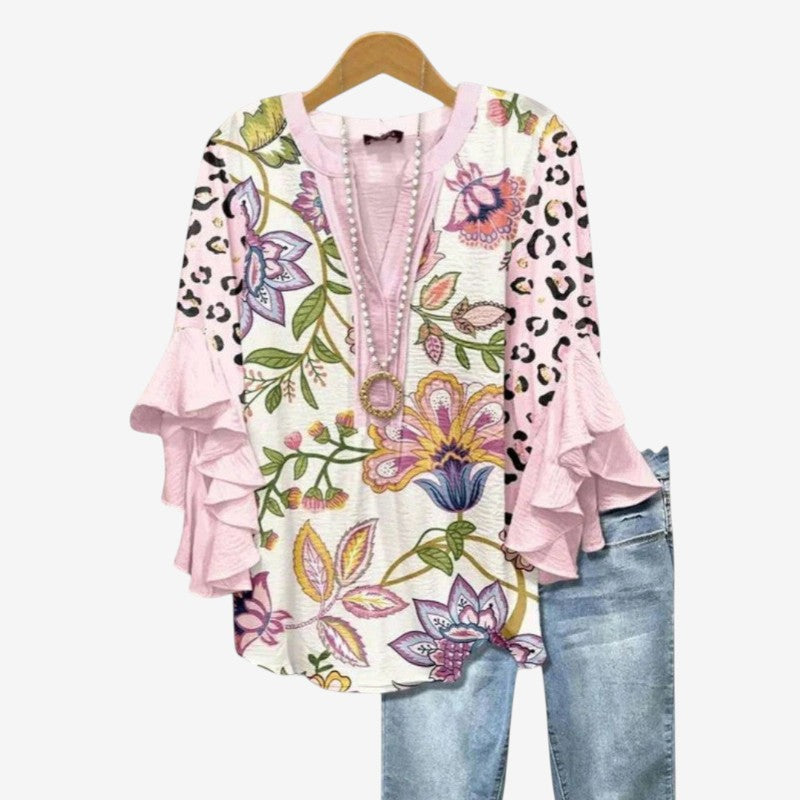 Blusa stampata da donna con scollo a V profondo