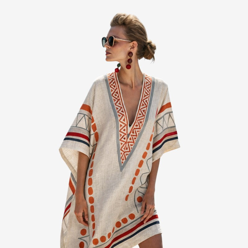 Women's Bohemian Print Midi Dress with Short Sleeves