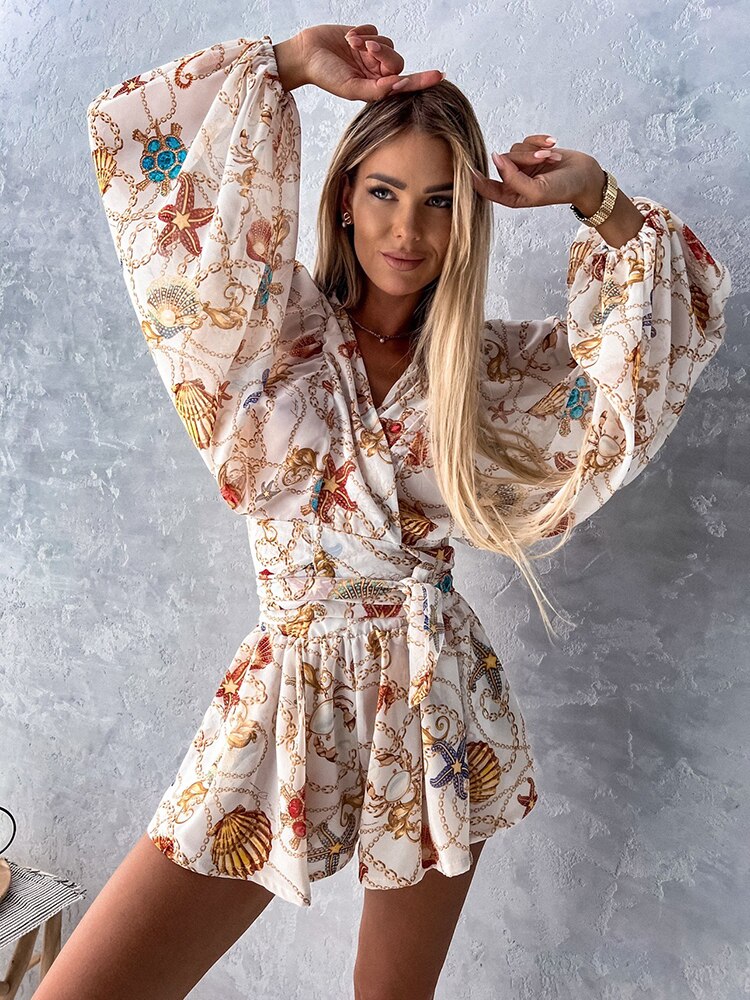 Alice - Luxurious deep V-neck dress with printed lantern sleeves