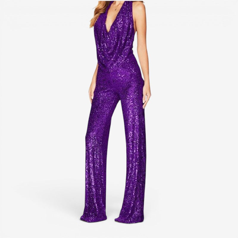Tuta da donna con paillettes, gamba dritta e collo all'americana