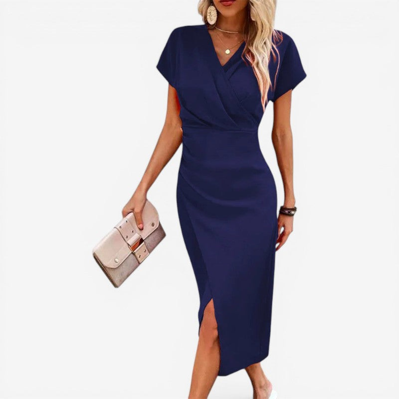 Robe midi femme à col en V avec fente latérale