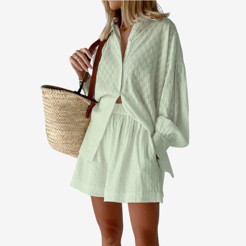 Conjunto de 2 piezas para mujer: camisa con mangas abullonadas y pantalones cortos