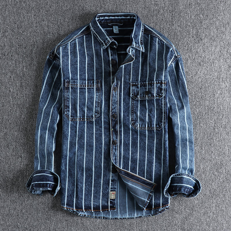 Archer - Camicia di jeans a righe con chiusura a bottoni e tasche sul petto