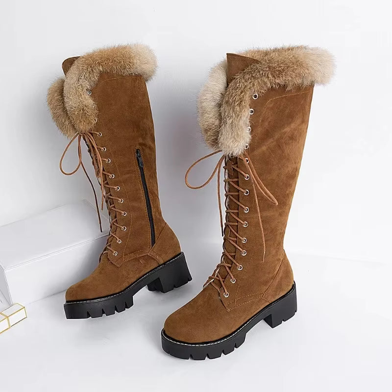 Ravqelia – Lace-Up High Boots with Foldable Fur Collar