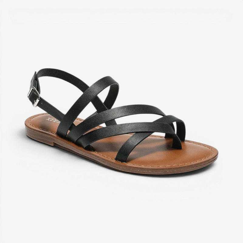 Women's flat round-toe sandals with buckle strap