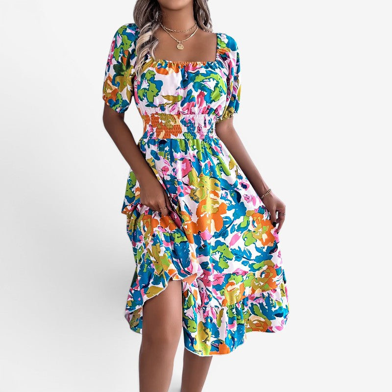 Abito midi donna con stampa floreale e spalle scoperte
