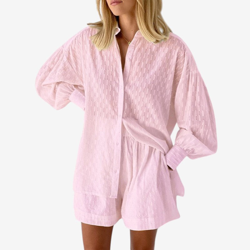 Conjunto de 2 piezas para mujer: camisa con mangas abullonadas y pantalones cortos