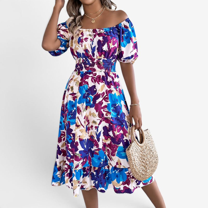 Abito midi donna con stampa floreale e spalle scoperte