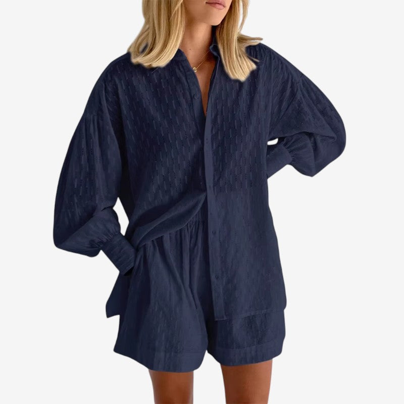 Conjunto de 2 piezas para mujer: camisa con mangas abullonadas y pantalones cortos