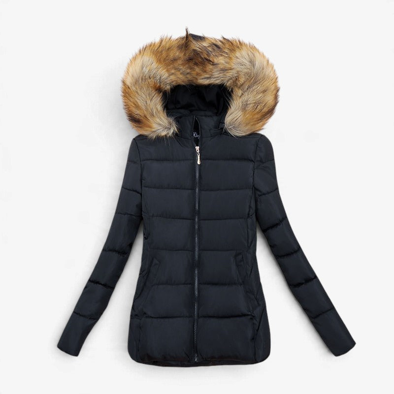 Puffern - Chaqueta acolchada para mujer con capucha de piel sintética y bolsillos laterales