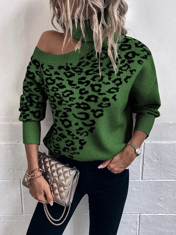 Chloe - Pulover leopard cu umerii goi, cu croială relaxată