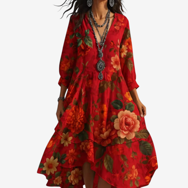 Floravia – Floral Midi Dress with V-Neck and Long Sleeves