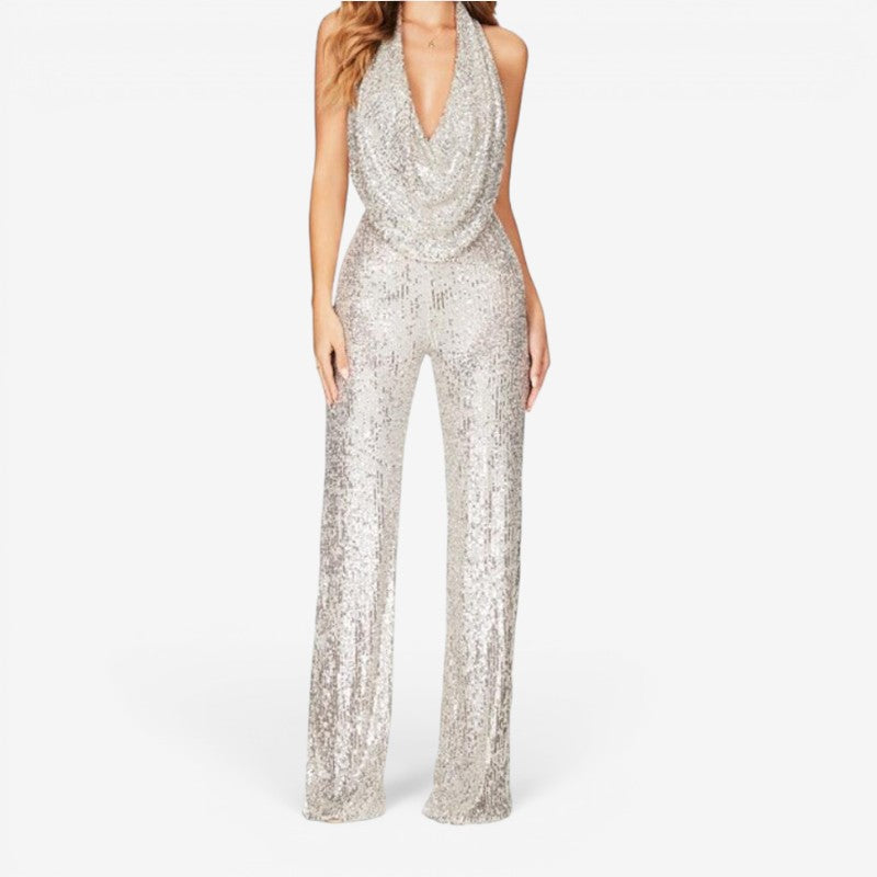 Tuta da donna con paillettes, gamba dritta e collo all'americana