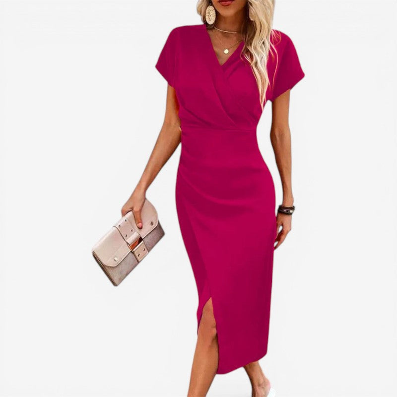 Robe midi femme à col en V avec fente latérale