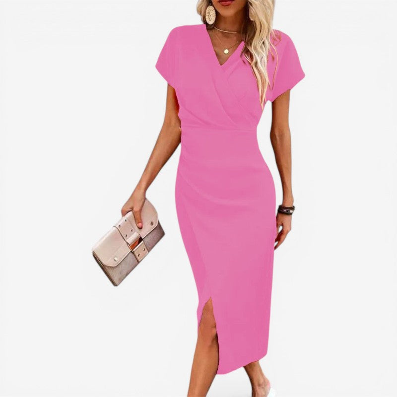 Robe midi femme à col en V avec fente latérale