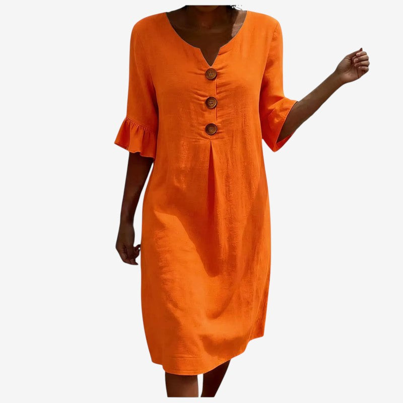 Women's V Neck Midi Dress with Button Front