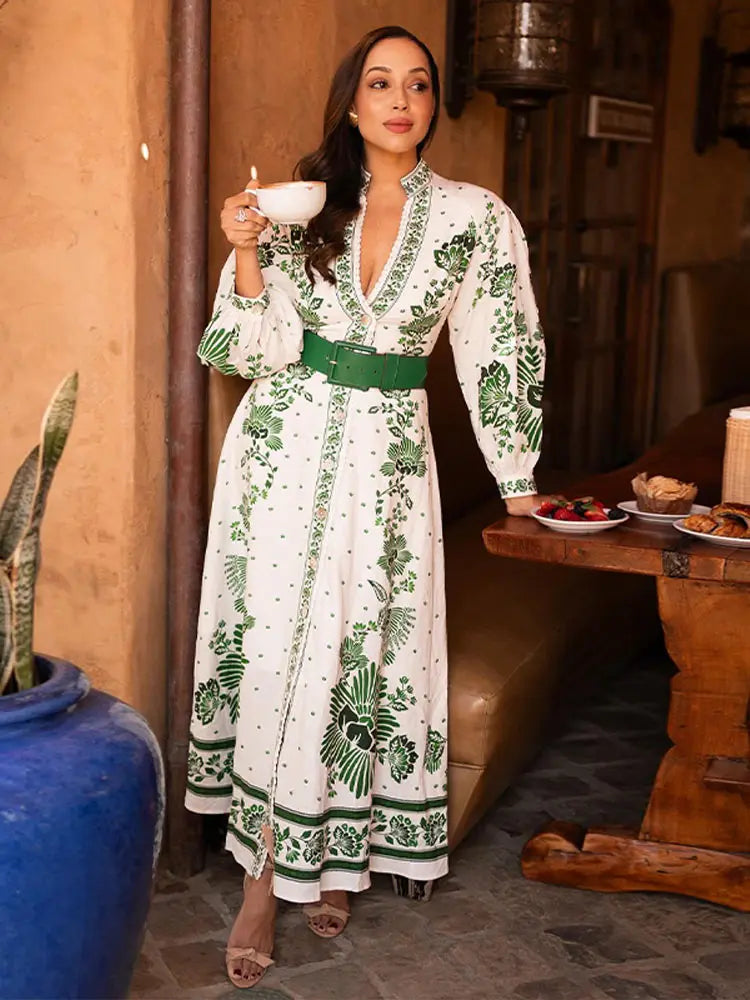 Mariah – Trendy V-neck maxi dress with long sleeves and waist band