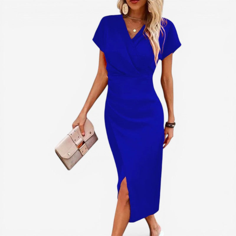 Robe midi femme à col en V avec fente latérale