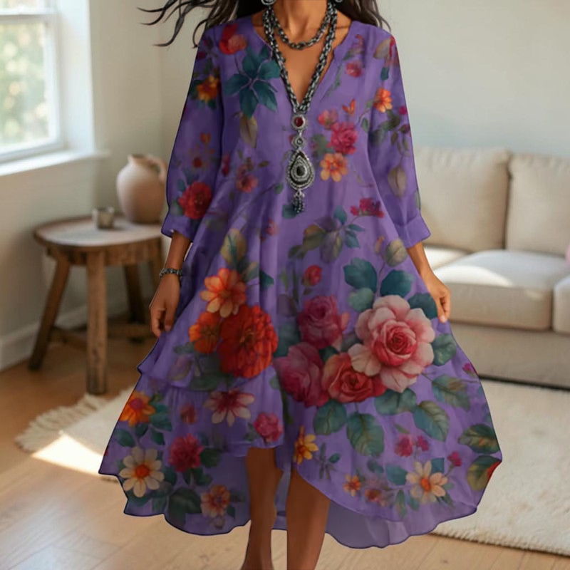 Floravia – Floral Midi Dress with V-Neck and Long Sleeves