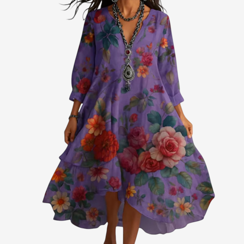 Floravia – Floral Midi Dress with V-Neck and Long Sleeves