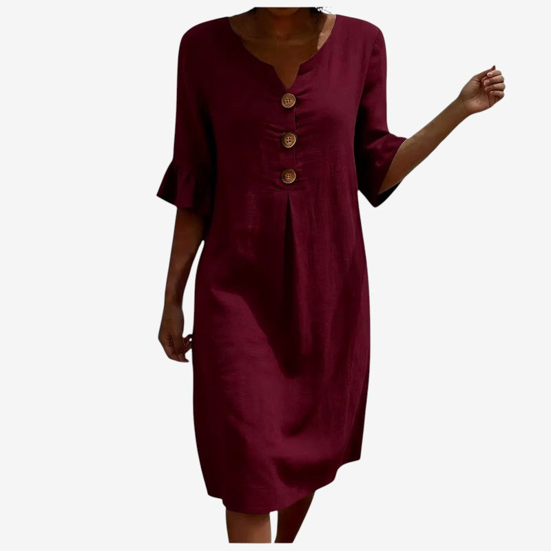 Women's V Neck Midi Dress with Button Front