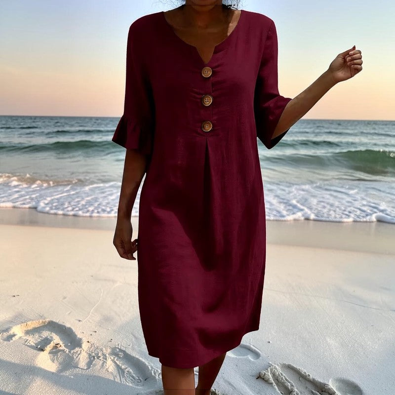 Women's V Neck Midi Dress with Button Front