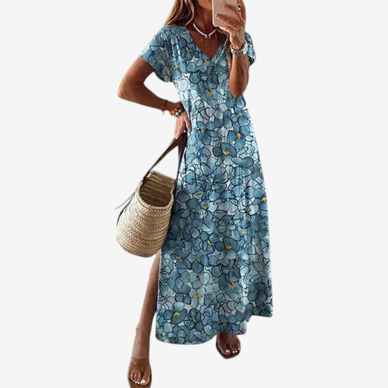 Abito lungo stampato da donna con scollo rotondo
