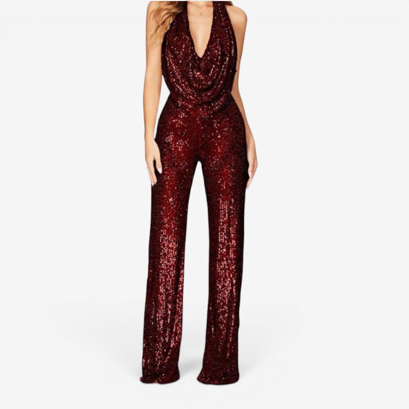 Tuta da donna con paillettes, gamba dritta e collo all'americana