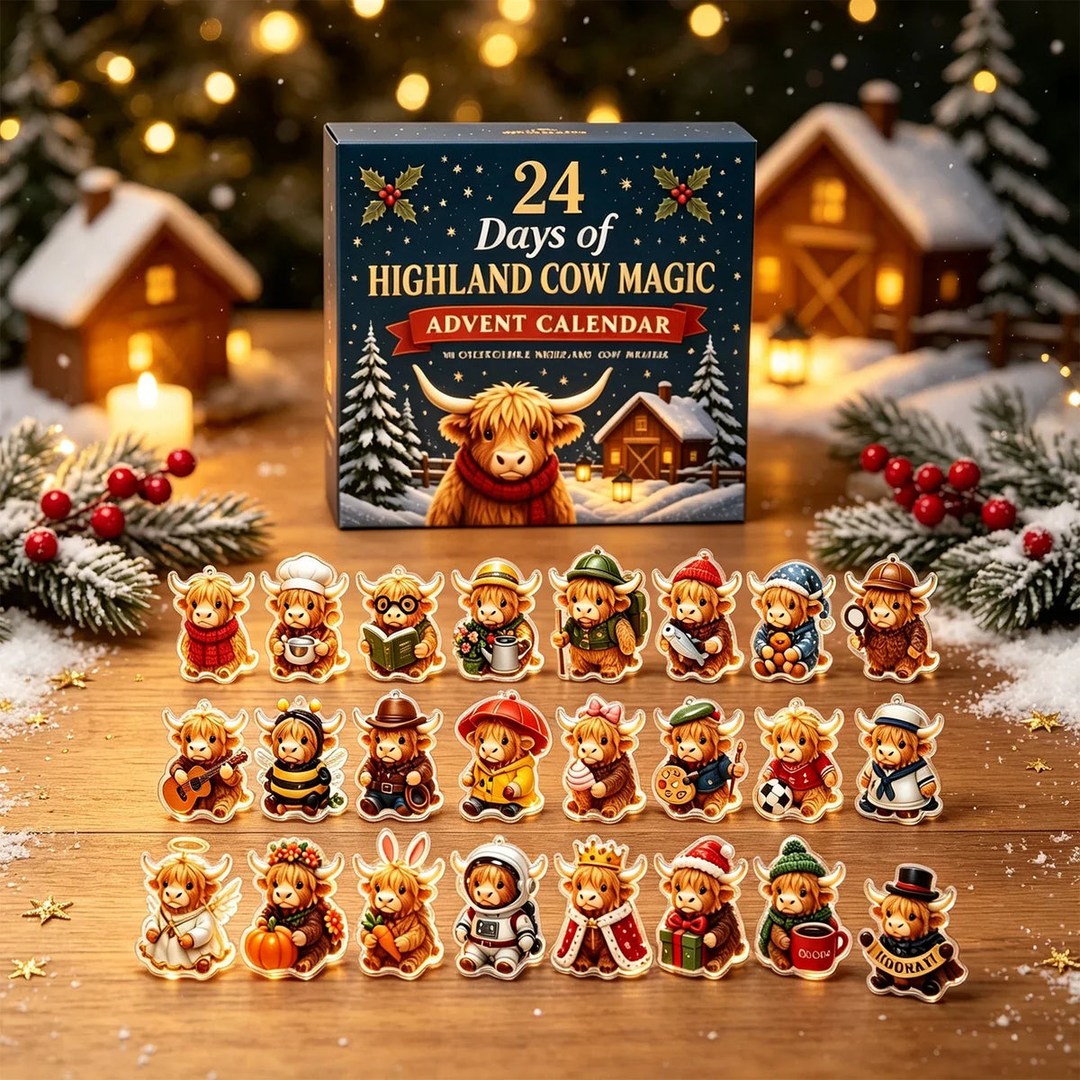 Adventní kalendář s krávou Highland Cowmerry – 24 akrylových ozdob
