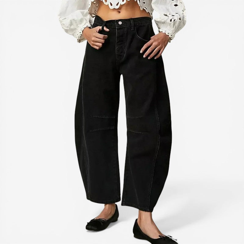 Pantaloni in denim a gamba larga alla caviglia con chiusura a zip